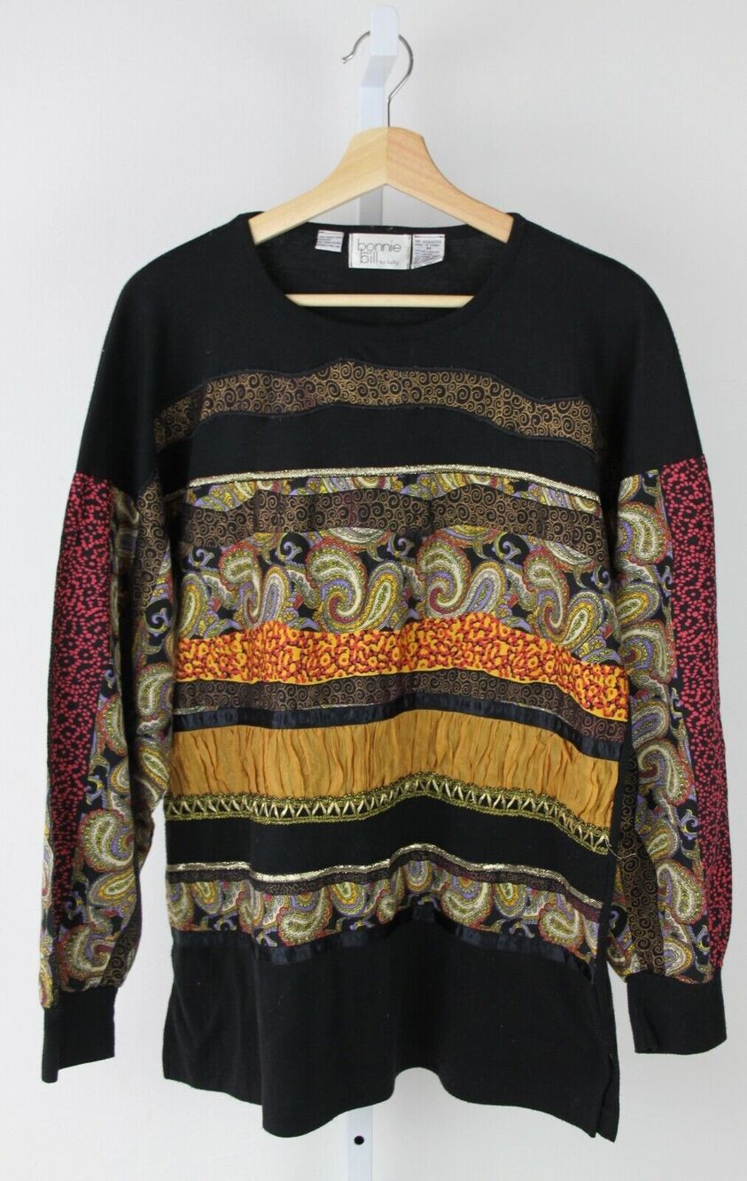 VTG Bonnie & Bill by Holly M Mix Media Stripe Top Long Sleeve Artsy Shirt Black